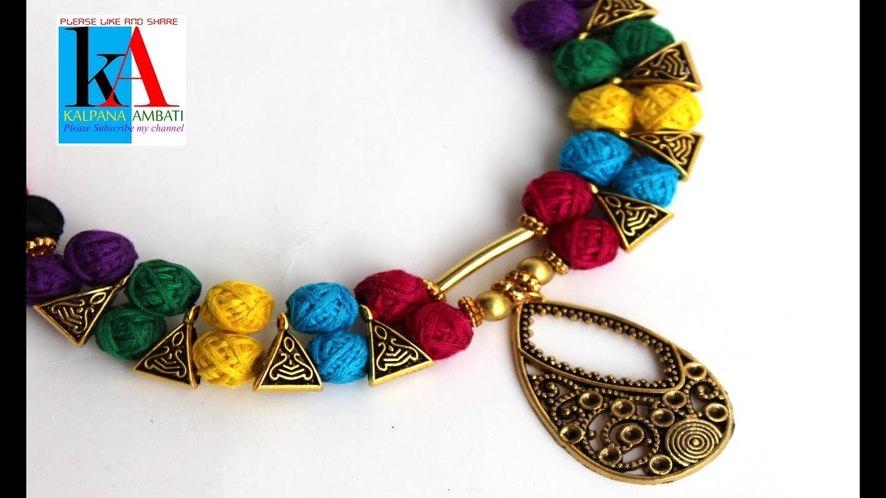 making of Designer cotton thread Beads necklace with pendent at home