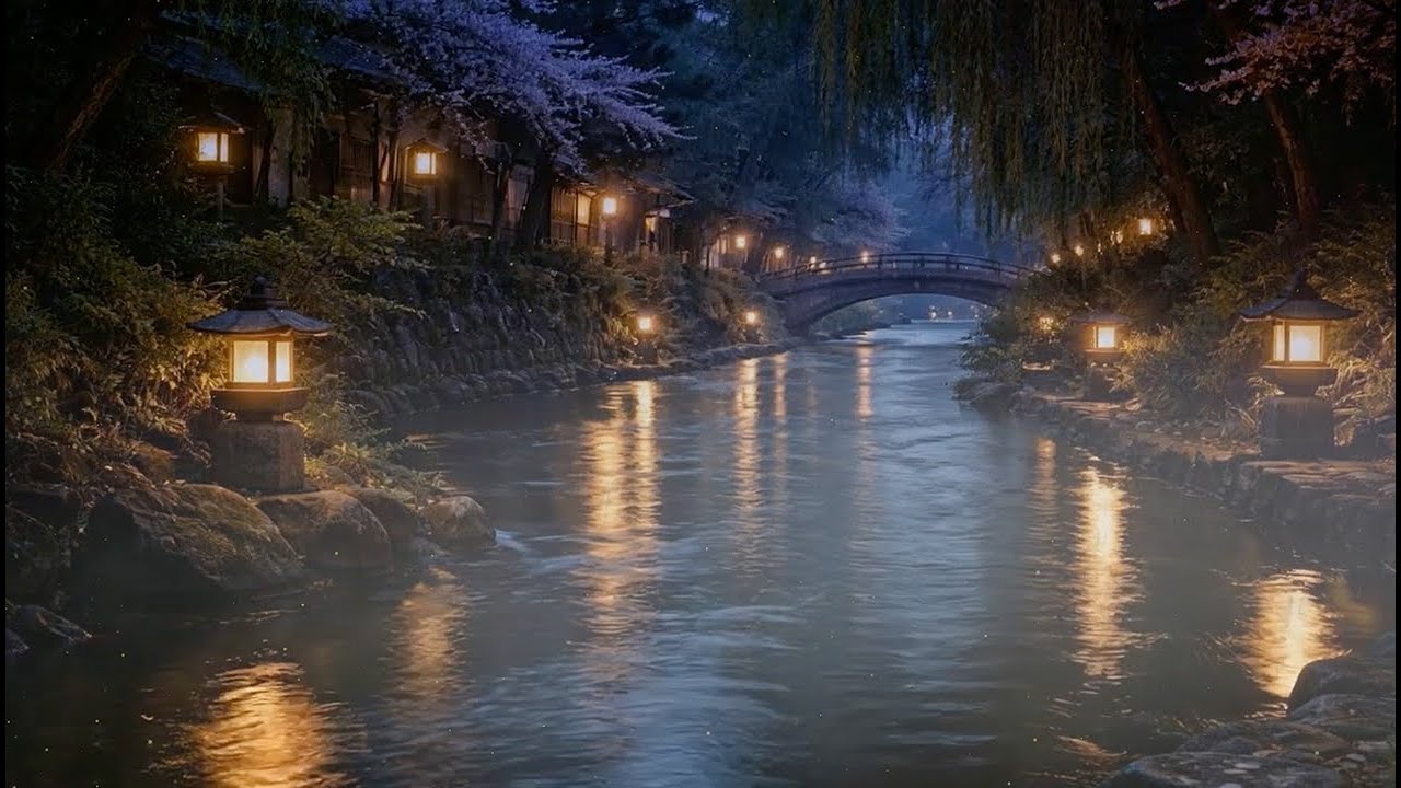 Rain by a Gentle River at Night in Japan for Sleep | Lantern Light | 8 Hours