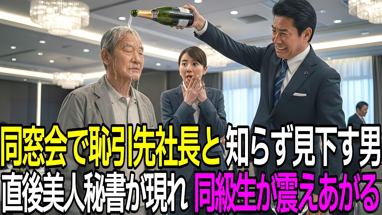 【スカッと】「底辺の奴w」同窓会で見下す支店長。直後、取引先社長がシャンパンで復讐開始。【シニア】