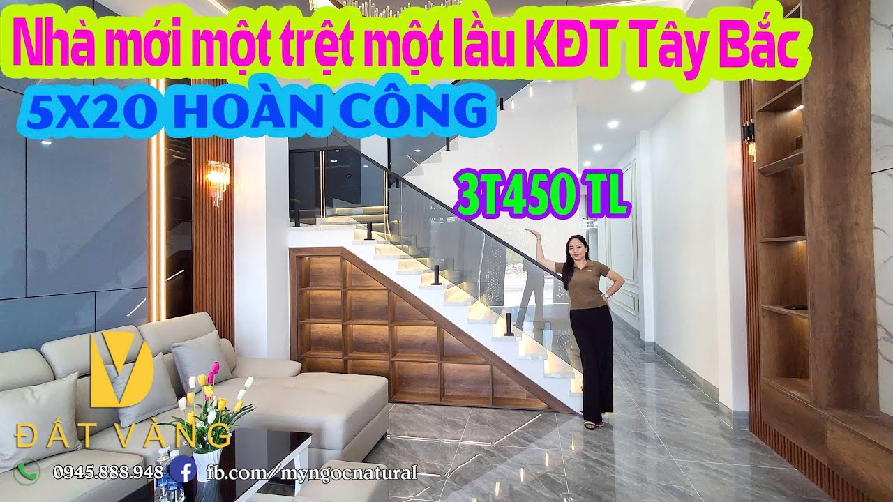 Nhà mới dt 5x20 một trệt một lầu có sân đậu xe ô tô, hoàn công cách bến tàu 300m. 