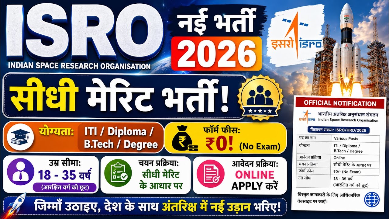 ISRO नई भर्ती 2026 OUT ITI, Diploma, B.Tech & B.Sc/B.Com पास | ISRO URSC सीधी भर्ती 2026