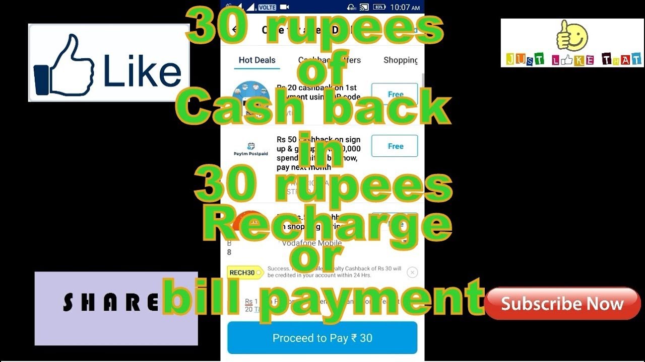 Earn 30 Rupees Cashback on 30 rupees Recharge through Paytm