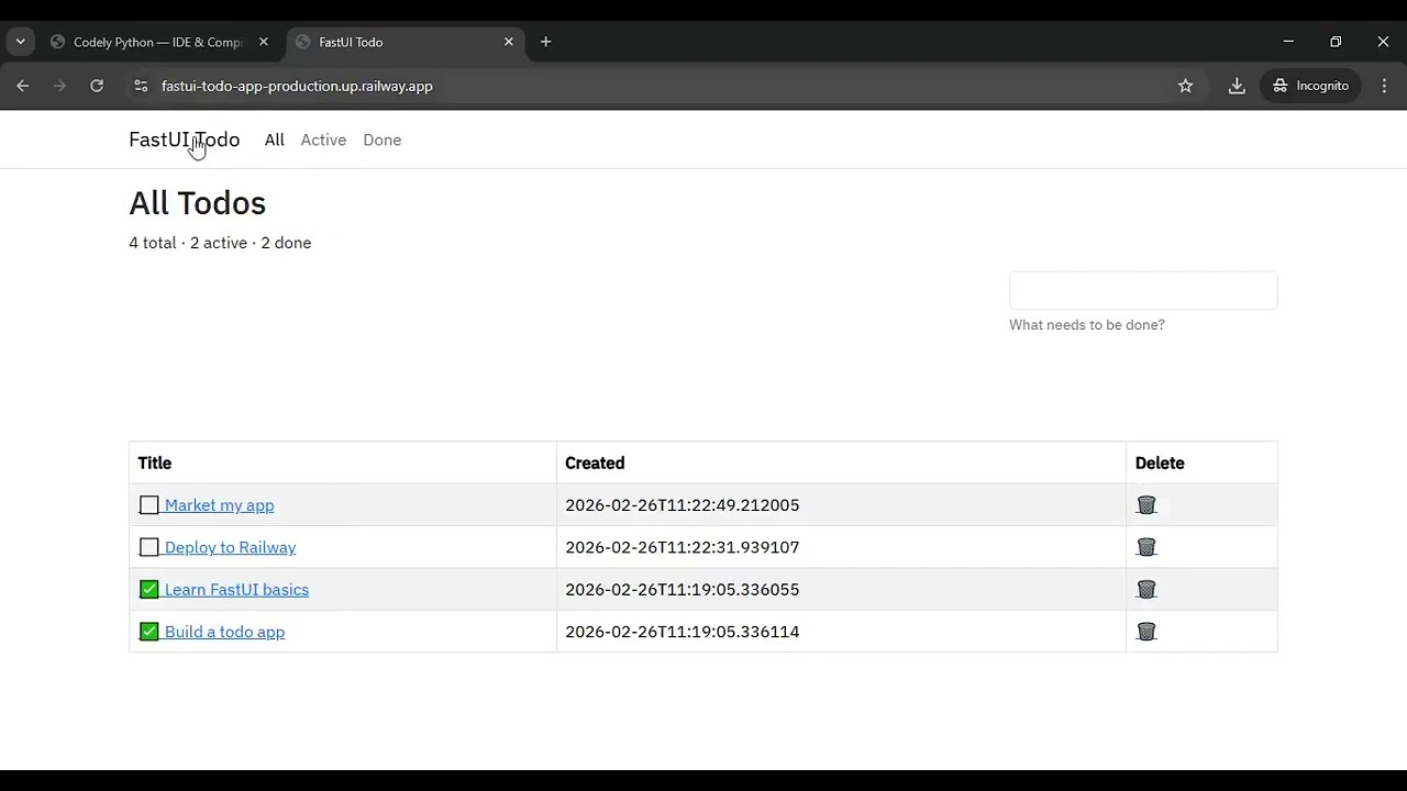 FastUI ToDo App - Create, Run, 1 Click Deploy