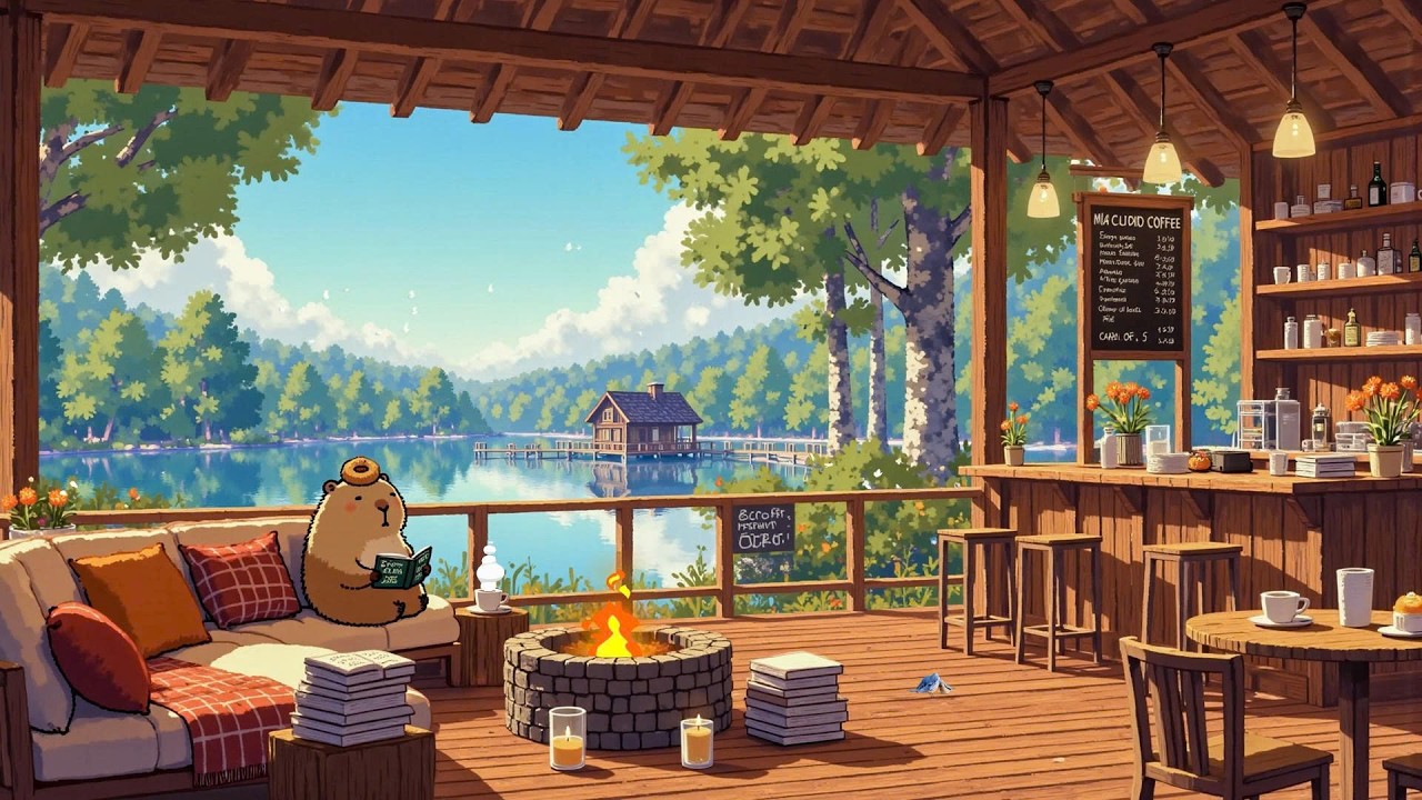 Spring Lofi Chill 🌺 Peaceful Morning at Lakeside Cafe Ambience ☕ Lofi Deep Focus to study/work/relax