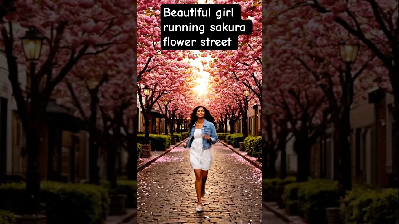 Beautiful sri lankan girl running sakura flowers street ...