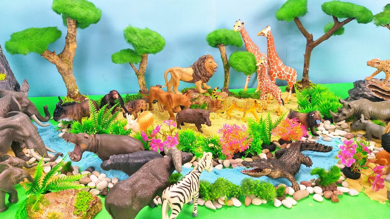 Изучаем названия диких животных для малышей: Игровая диорама «Сафари» | Лев, Бегемот, Жираф