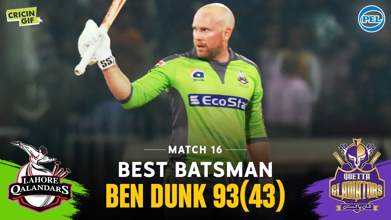 MATCH 16 - BEST BATSMAN BEN DUNK - LAHORE QALANDARS vs QUETTA GLADIATORS - PEL