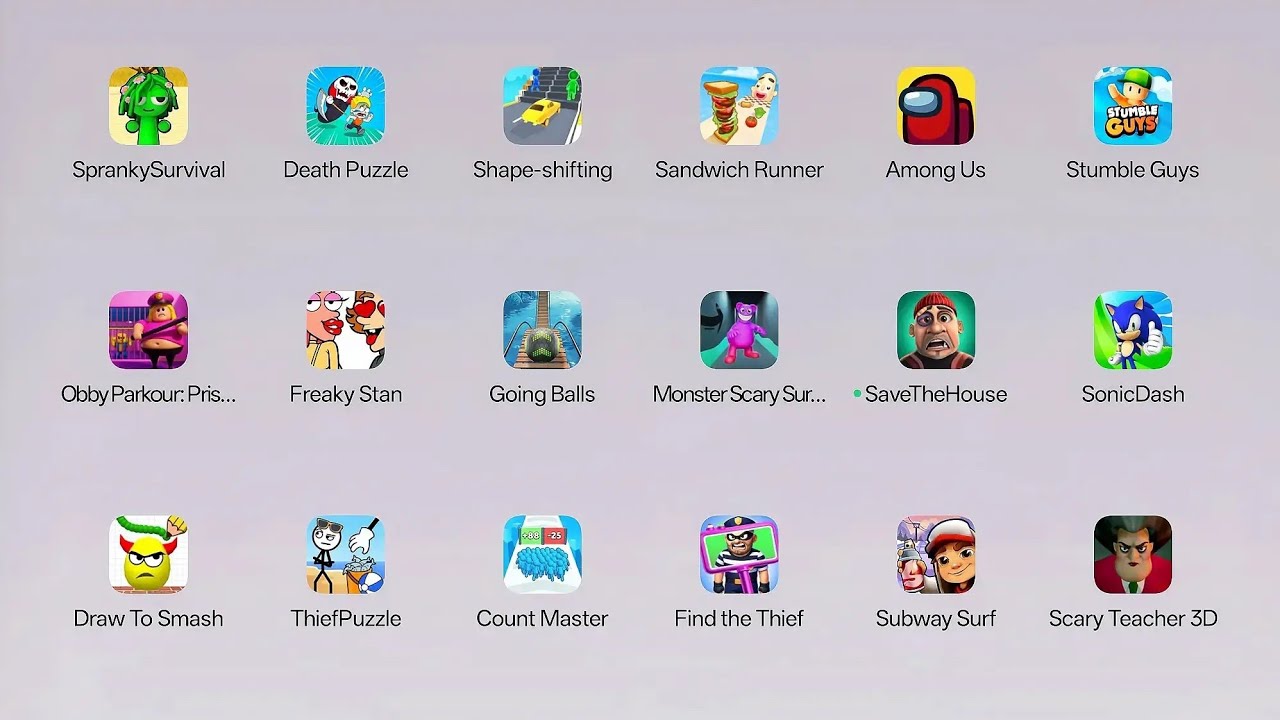 Spranky Survival,Death Puzzle,Shape shifting, Sandwich runner, Among us, Going balls , Sonic Dash,