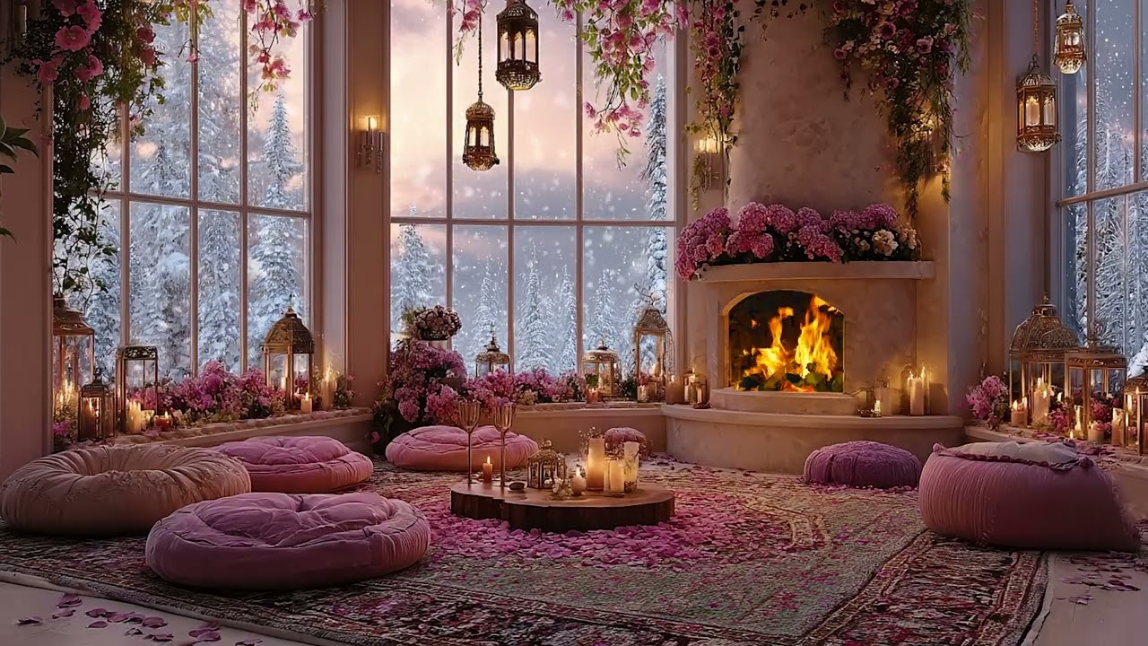 Warming the Soul on a Winter Night with Snow Wind Outside and Fireplace Fire Inside