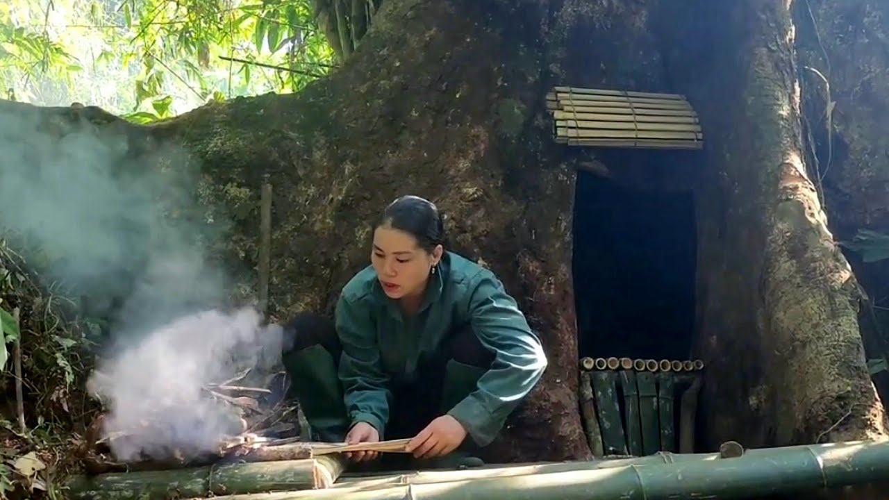 Girl Builds a Hidden Shelter Inside a Giant Hollow Tree | Full Survival