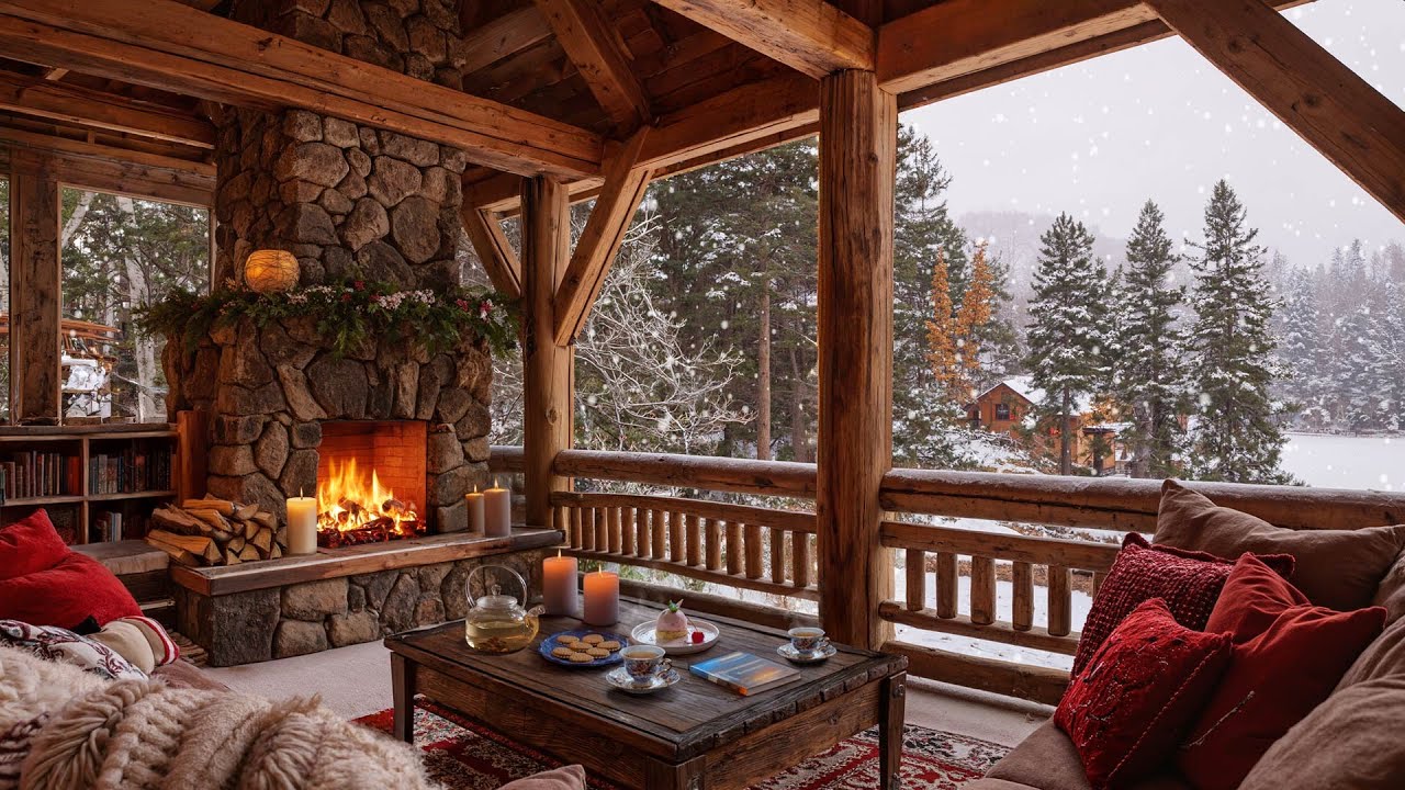 Relaxing Winter Jazz Music at Balcony Cabin ⛄ Warm Fireplace Smooth Jazz Background Music to Work
