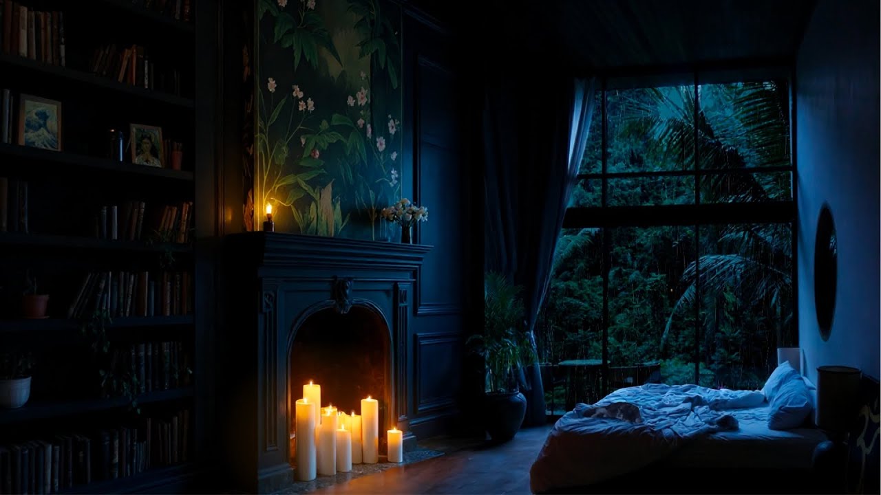 Rainy Tropical Dark Academia Ambience 8 hr | warm room, gentle rain, distant thunder
