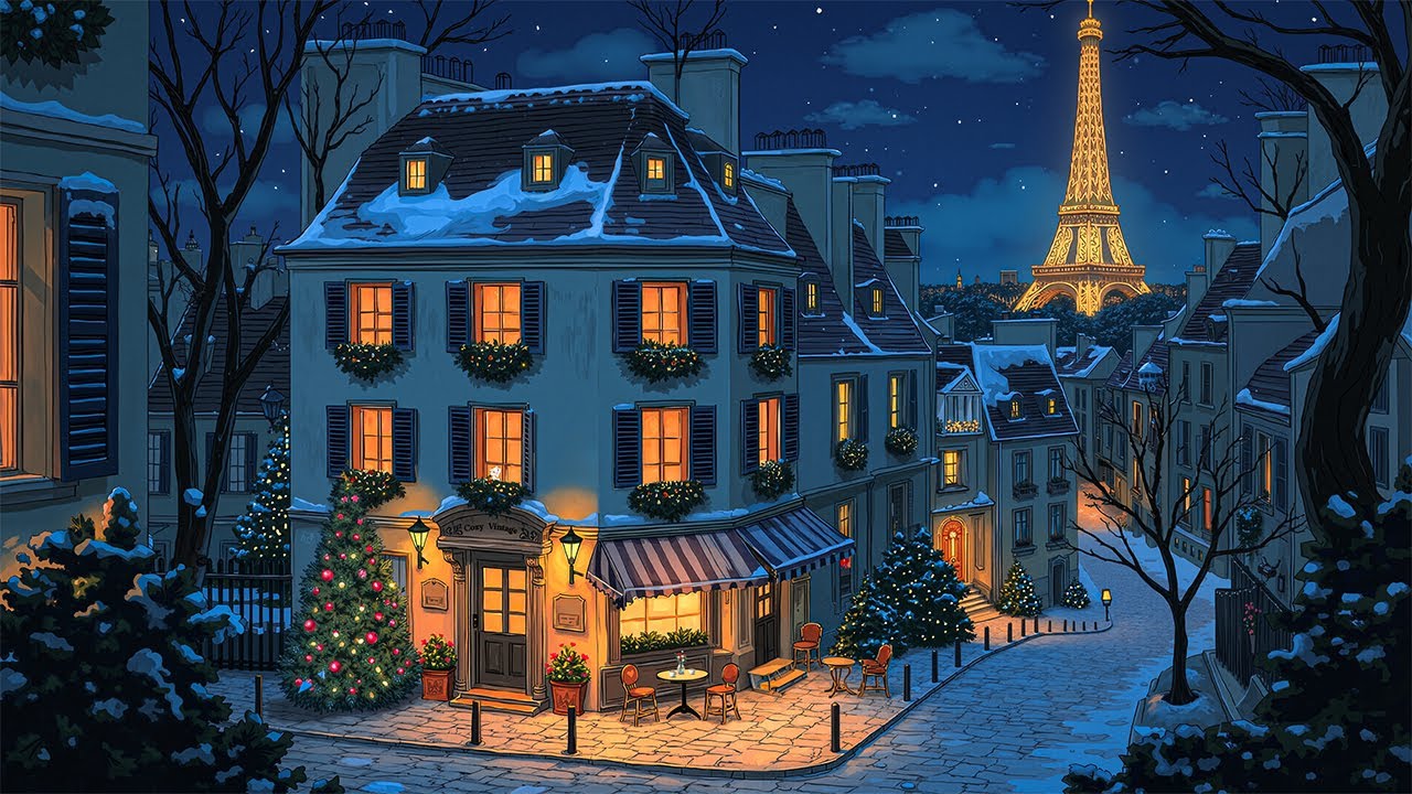 silent night in the 1940s paris | oldies playing in another room (crackling fireplace & blizzard)