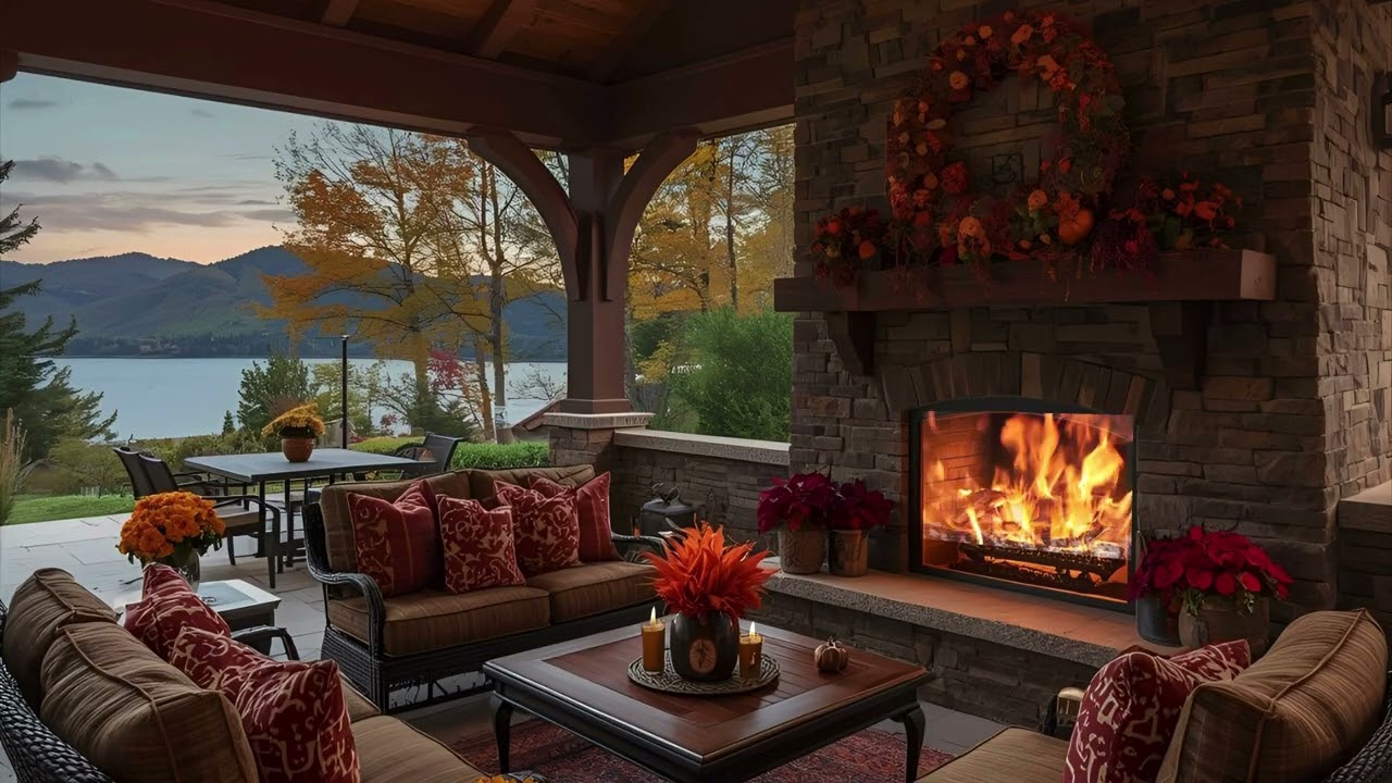 Golden Autumn Sunset by the Lake - Crackling Fire & Gentle Piano for Relaxing Ambience