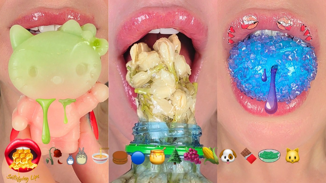 MOST SATISFYING! ASMR Eating Emoji Food Challenge frozen Honey Wax Candy