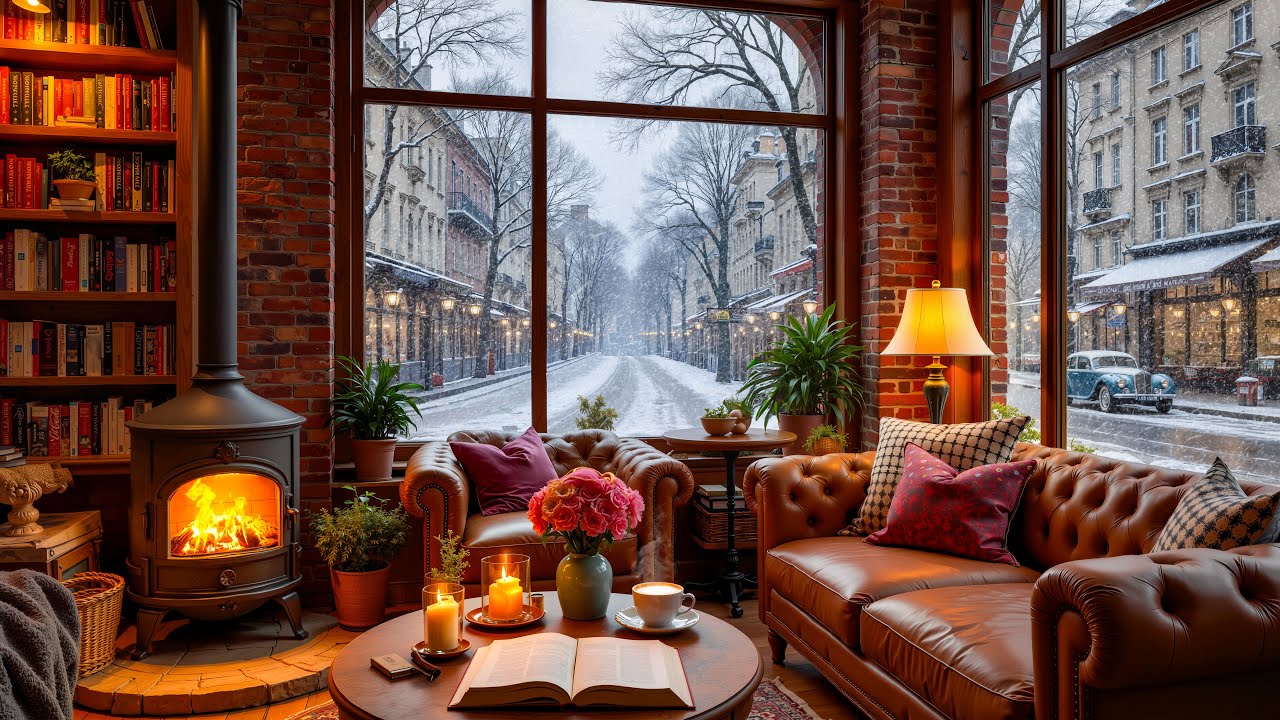 🎷 Cozy Jazz Fireplace Night 🔥 Snowfall Outside a Warm City Living Room | Relax & Sleep