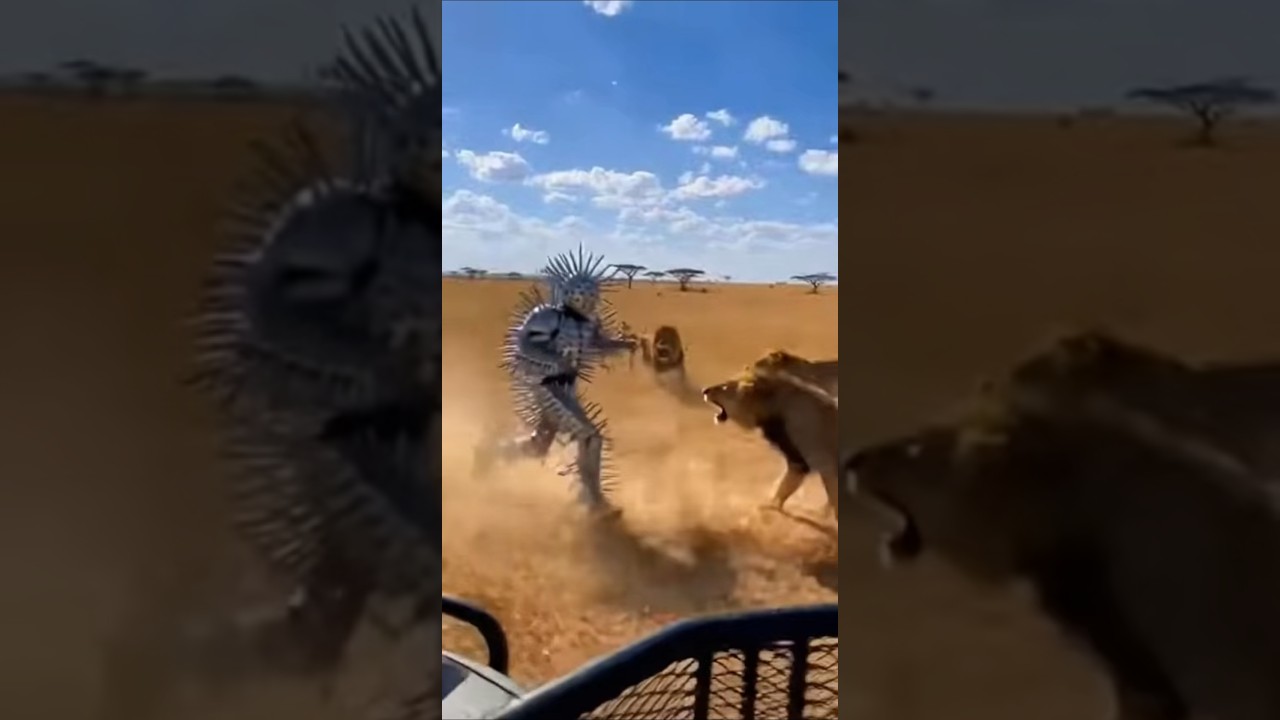 Man in Spiked Porcupine Suit Faces Lion Pride in Savanna... They Can't Get Through 