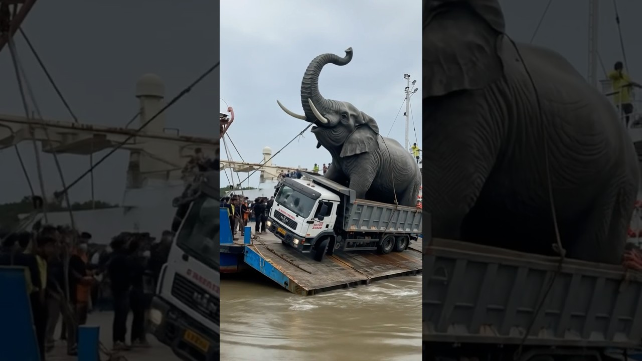 🐘🚨 Giant Elephant Statue Falls Into River with Truck! Shocking Scene! 