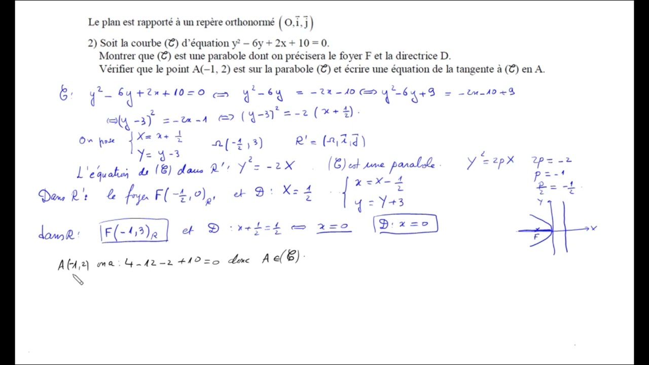 03 Exercices : Paraboles (Coniques). Calcul analytique/ Equations/ Foyer/ Directrice/  Tangente.