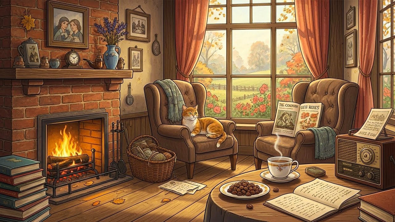 Oldies music playing in another room - autumn morning in a 1950s Grandma's living room