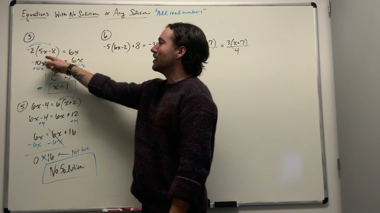 MATH HELP 0308 Algebra: Equations with No Solution or Any Solution (All Real Numbers)