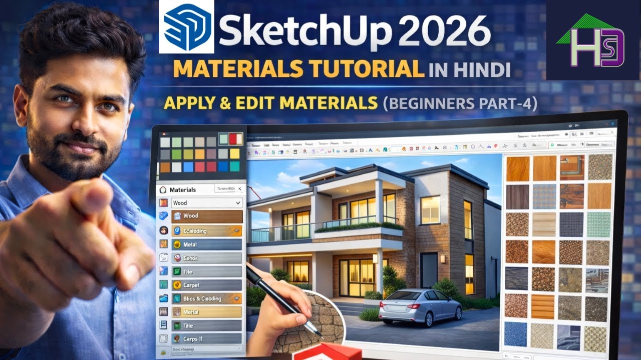 SketchUp 2026 Materials Tutorial in Hindi | Apply & Edit Materials (Beginners Part-4)