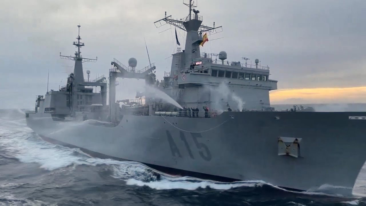 Sail past by Spanish auxiliary ESPS Cantabria as she leaves NATO group
