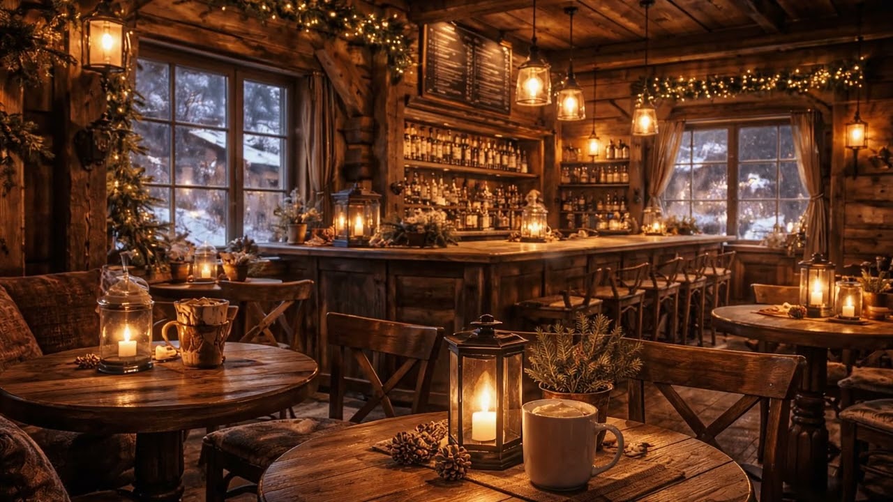 🔥 Candlelit Winter Café ☕Ambience | Cozy Rustic Bar Atmosphere | Relaxing Screensaver