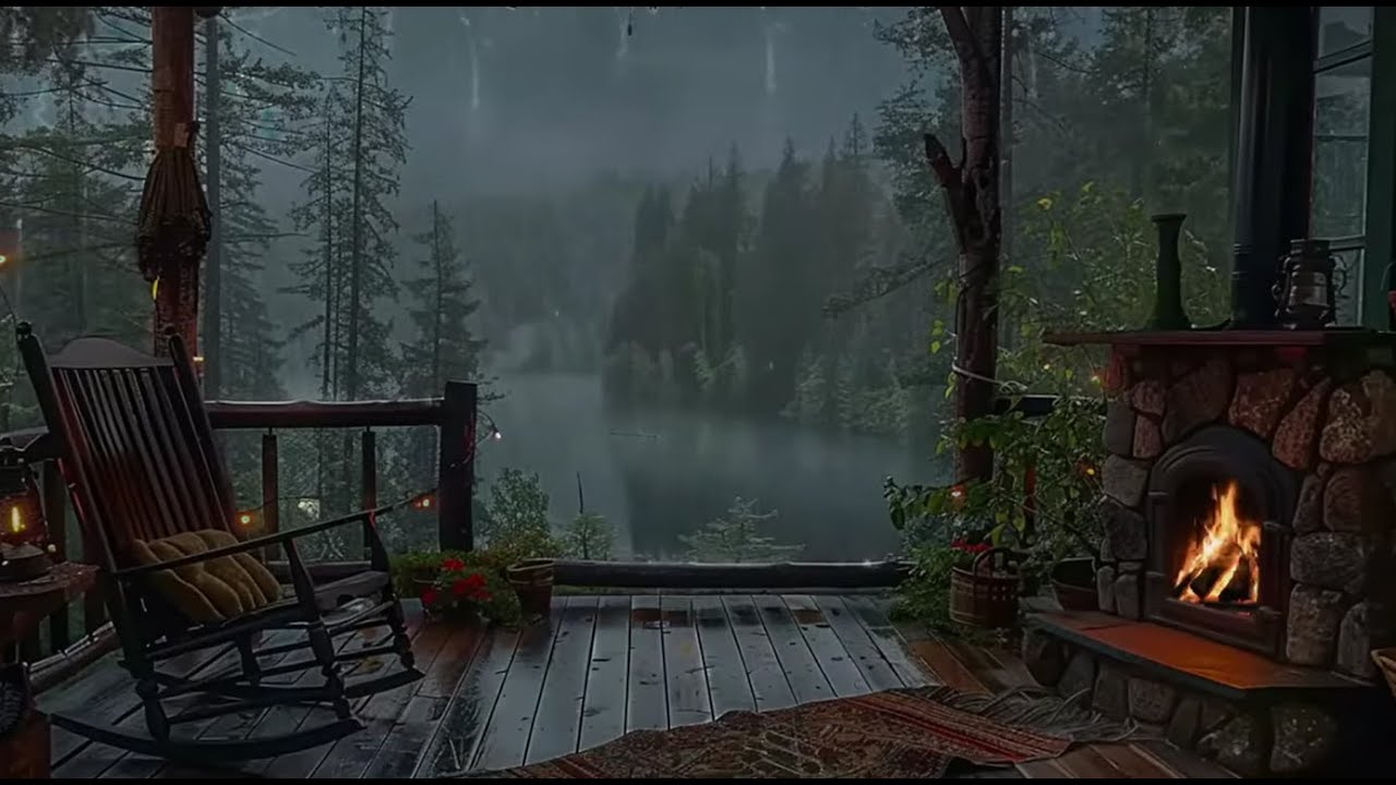 Cozy Lakeside Cabin with Crackling Fireplace | Lake View | Dark Screen Soundscape for Sleep| 8h