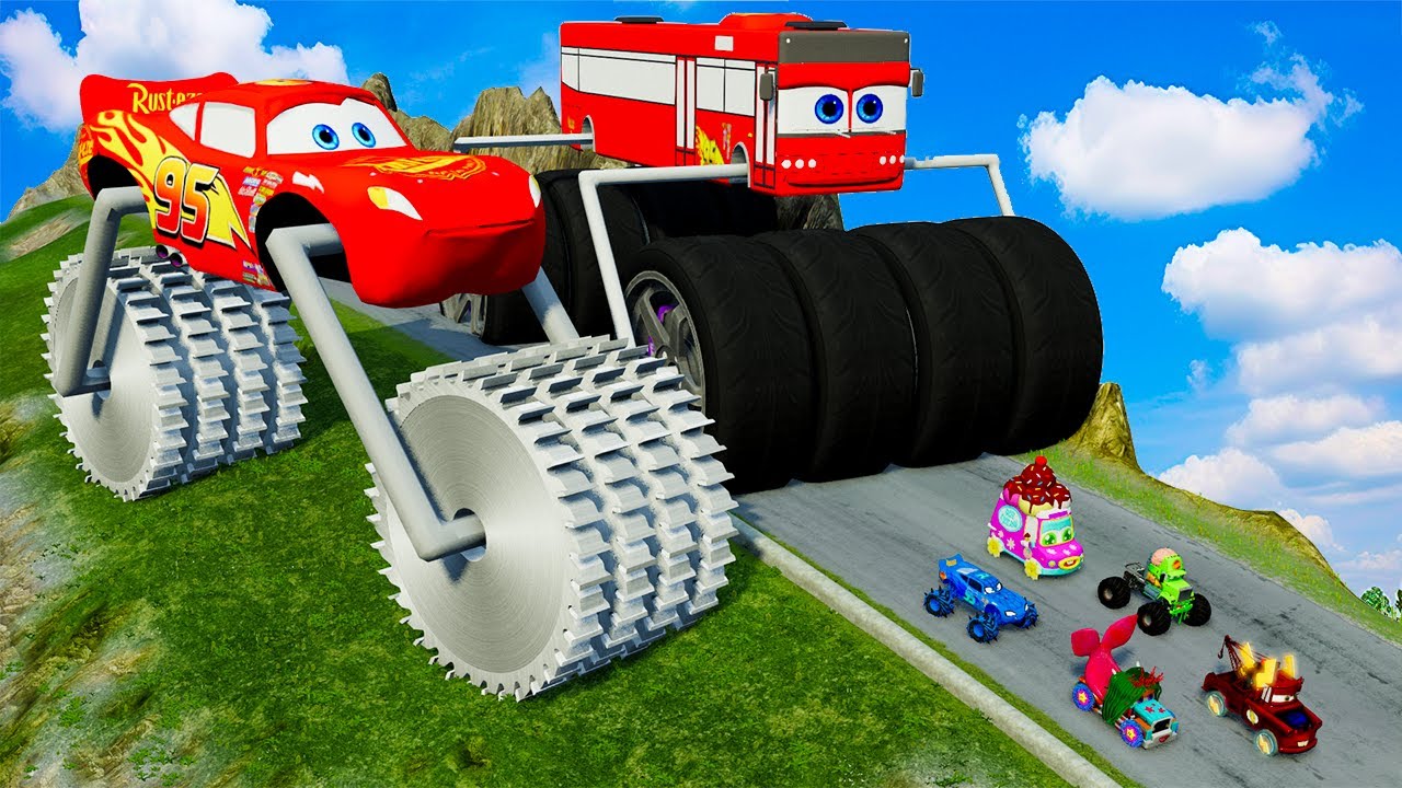 Big & Small Lightning McQueen Monster Wheels vs Pixar Cars with Big Wheels in BeamNG Drive!