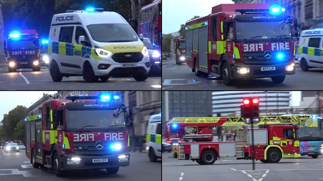 London Fire Brigade - FRU, DPL & TL responding with Police Assist & Bullhorn