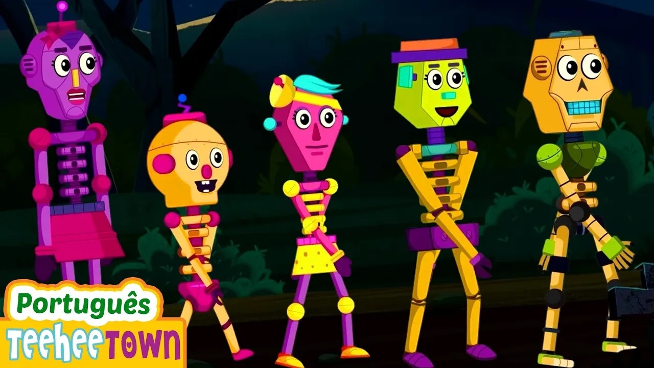Cinco esqueletos de robôs malucos | Canções de Halloween | Casa TeeHee
