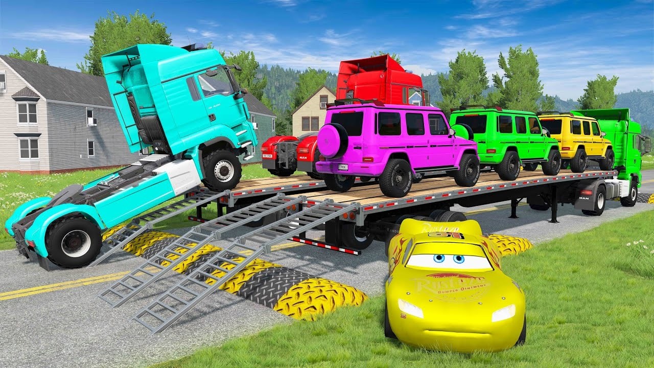 Double Flatbed Trailer Truck vs Speedbumps Train vs Cars | Tractor vs Train Beamng.Drive #32