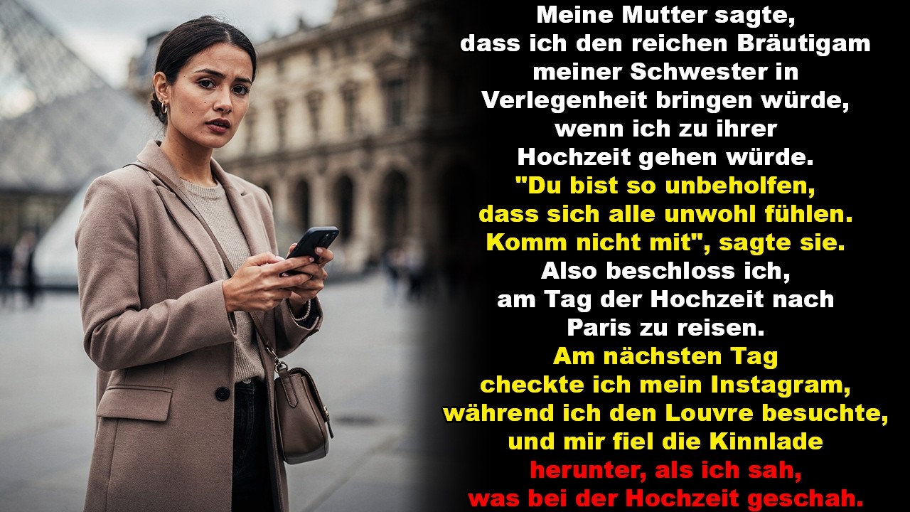Meine Mutter sagte, dass ich den reichen Bräutigam meiner Schwester in Verlegenheit bringen würde.