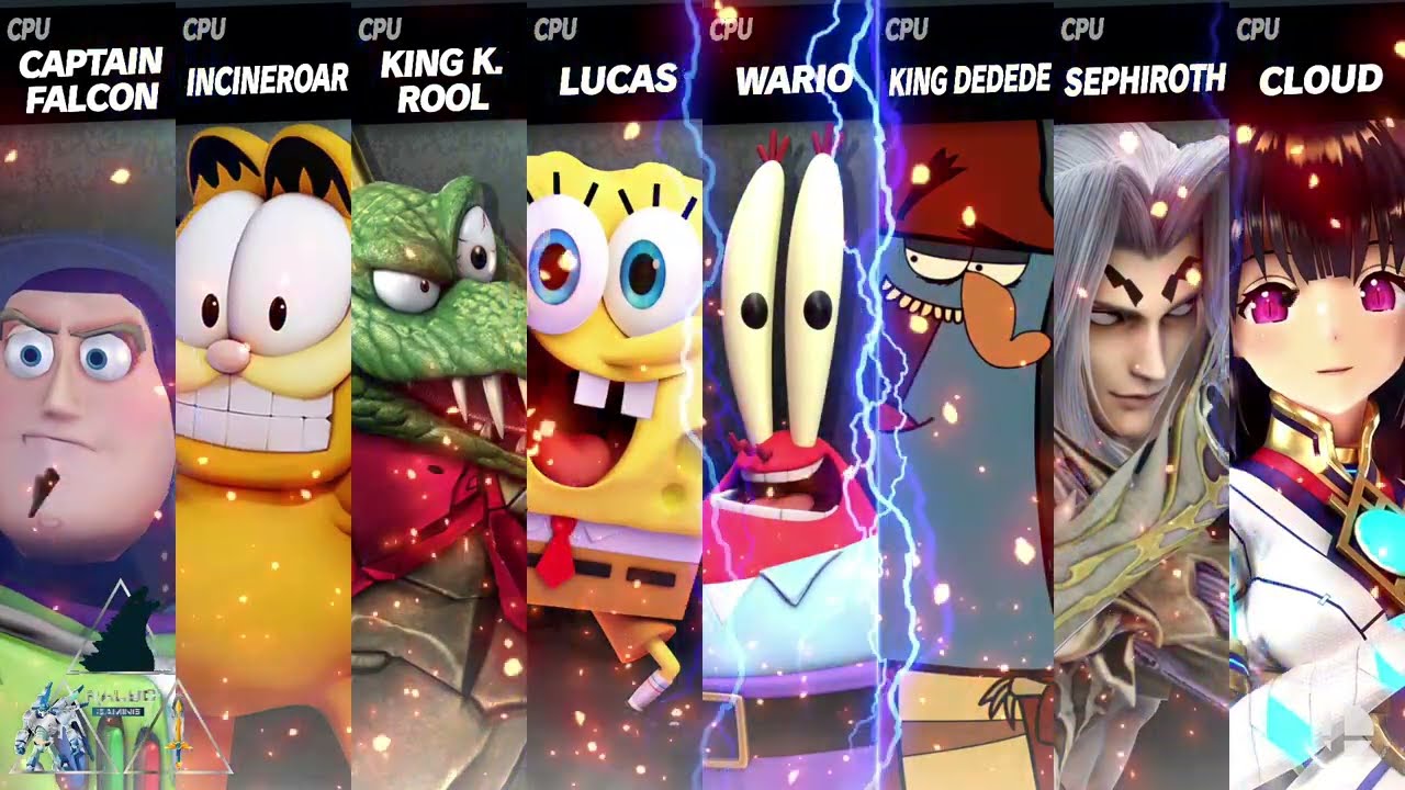 Buzz vs garfield vs Consul K vs SpongeBob vs Mr Krabs vs K'nuckles vs Sephiroth vs Kassandra
