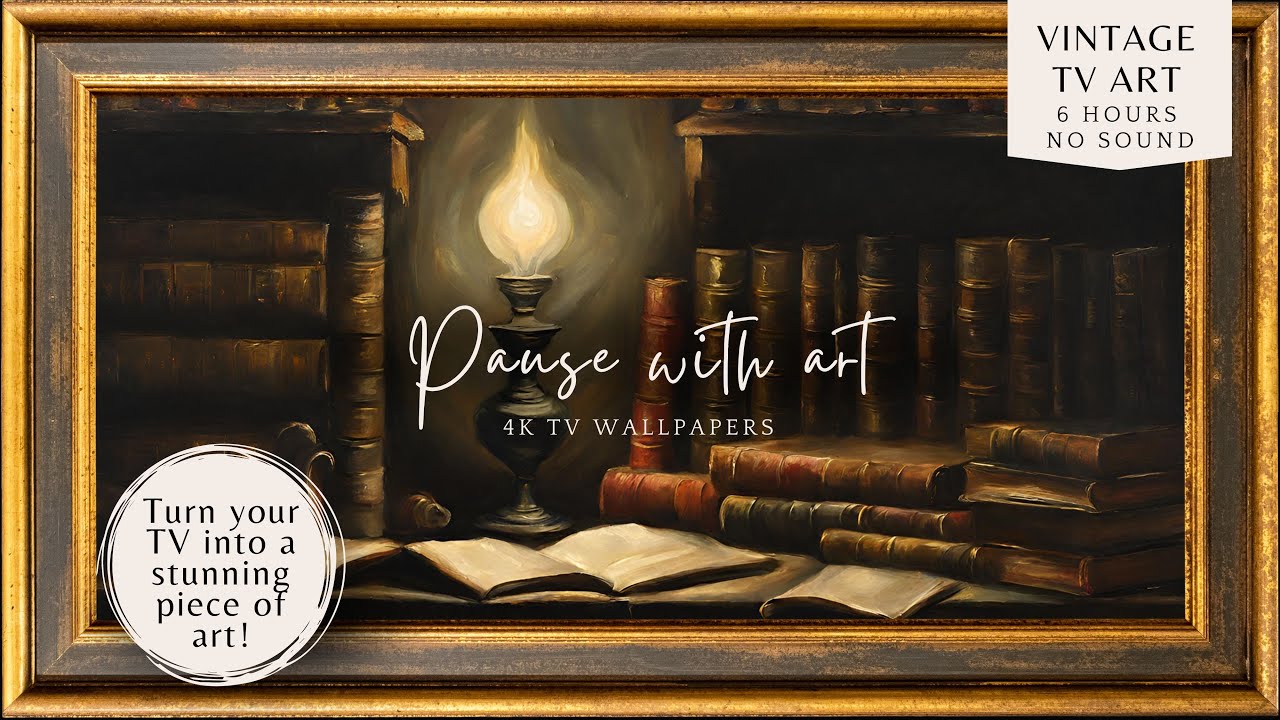 Vintage Frame TV Art Old Lamp Light with Old Books | Moody Reading Room
