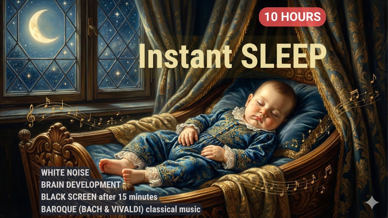 10 Hours Sleep Baby Music 🎵 Baroque Classical Lullabies & White Noise for Brain Development