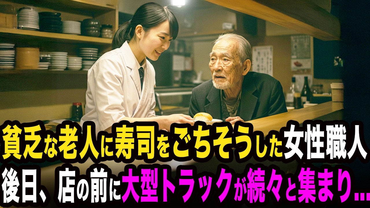 「貧乏人は店に来るな」高級寿司店で嘲笑された老人。しかし、唯一女性職人だけがお寿司をごちそうした。後日、店の前に大型トラックが次々と集まり...