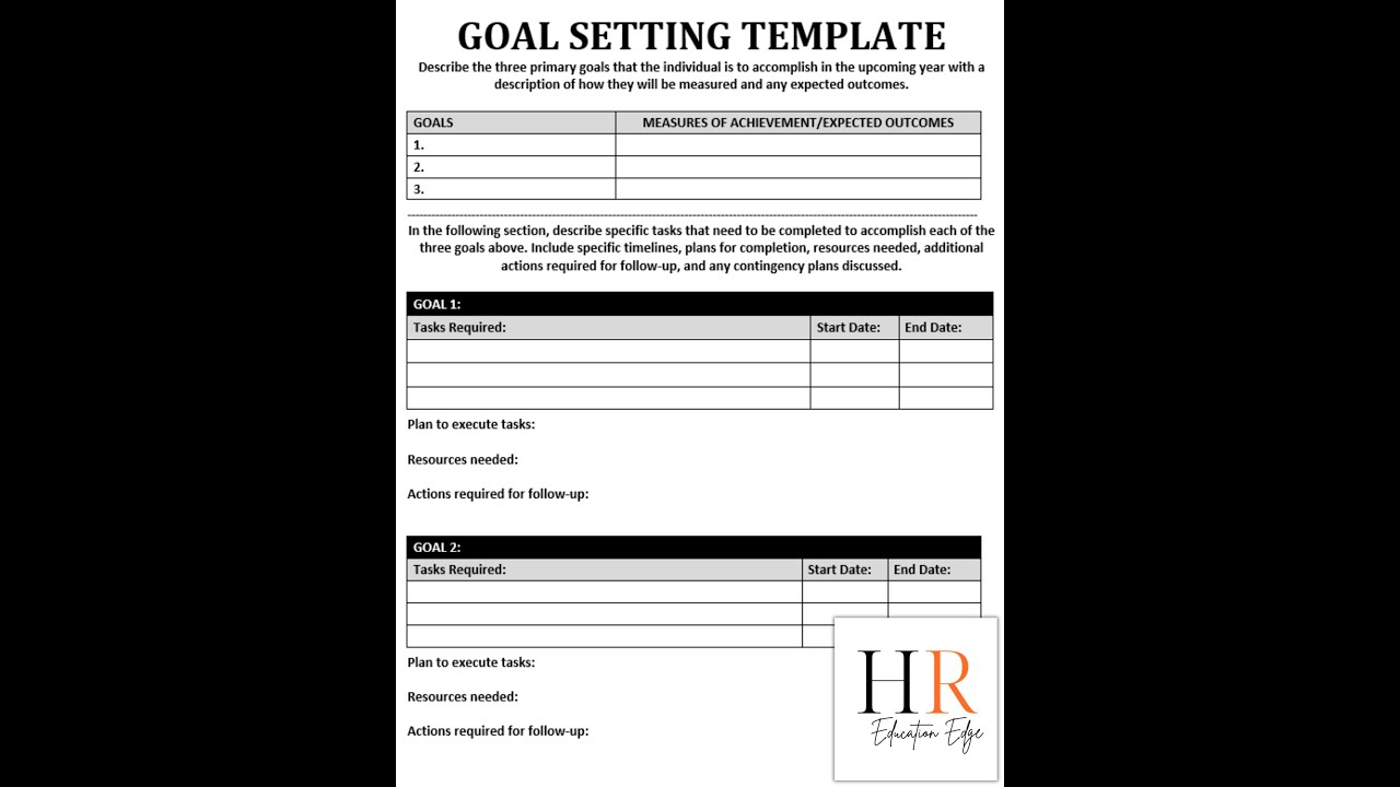 Goal Setting Worksheet | Employee Performance | Annual Goals | Performance Review Form, HR Templates