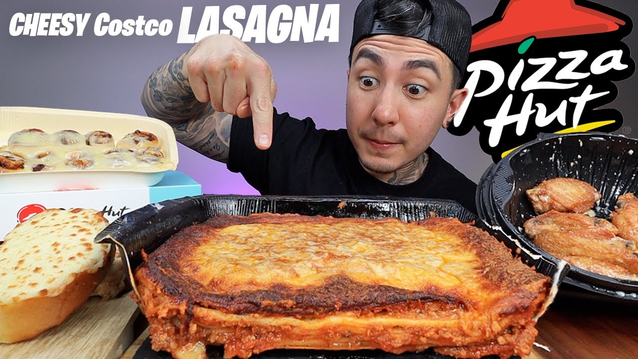 MUKBANG EATING Costco Saucy Lasagna with Garlic Bread, Pizza Hut Parmesan Wings, Cinnabon Mini Rolls