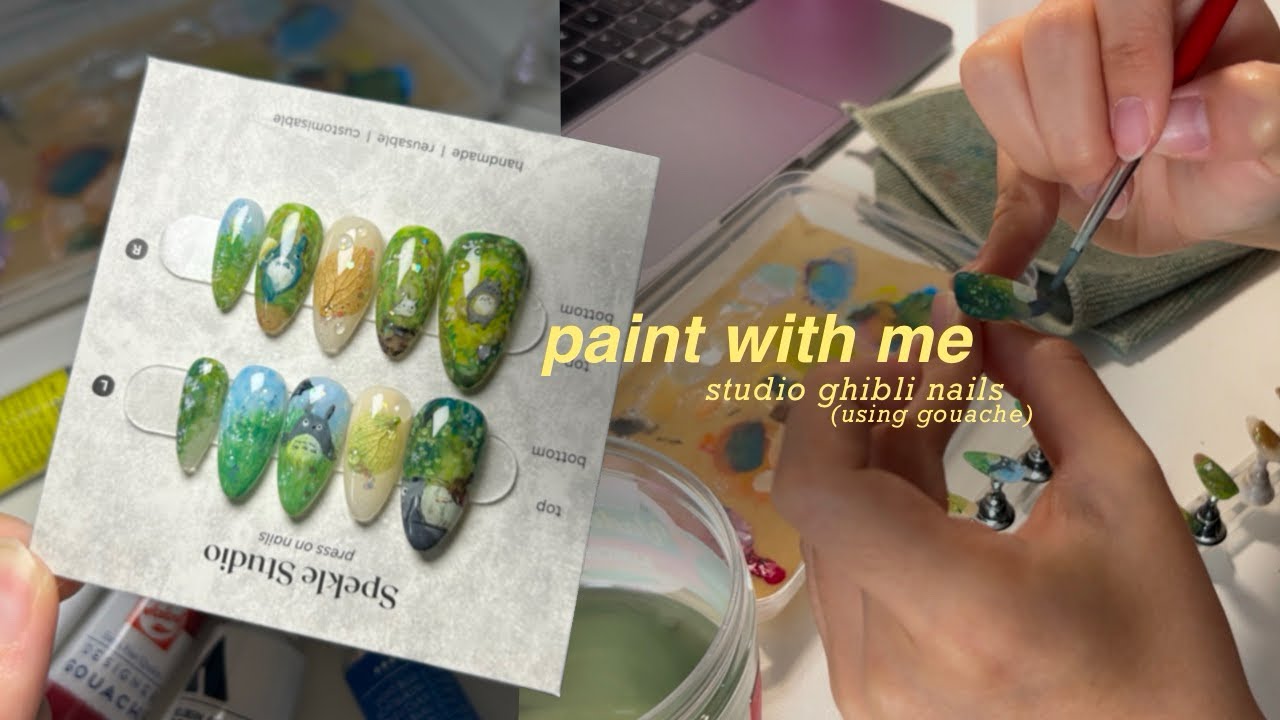 paint with me ⋆˚꩜｡ using gouache, studio ghibli nail art