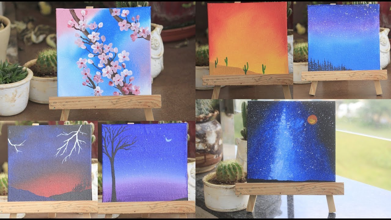 6 Paintings For Beginners || Complete Guide on Blending Techniques || Painting on 6 Tiny Canvases