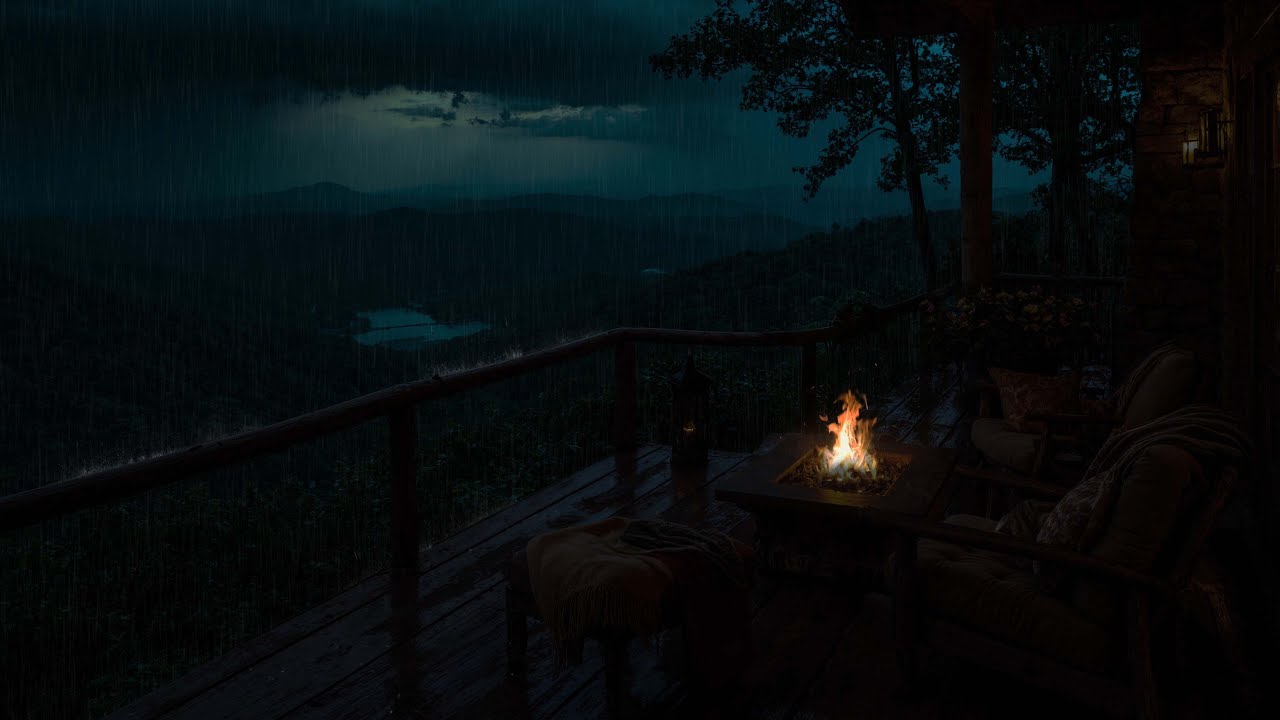 Gentle Rain Sounds in the Dark Porch (No Light)🌧️🔥Fireplace Sounds for Sleeping