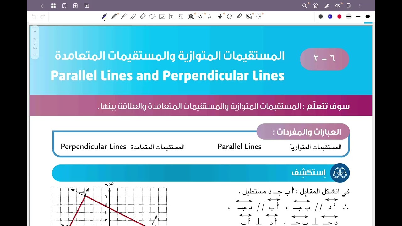 الصف التاسع المنهج الجديد فصل ثاني _ بند ٦-٢ المستقيمات المتوازية والمستقيمات المتعامدة #تاسع 