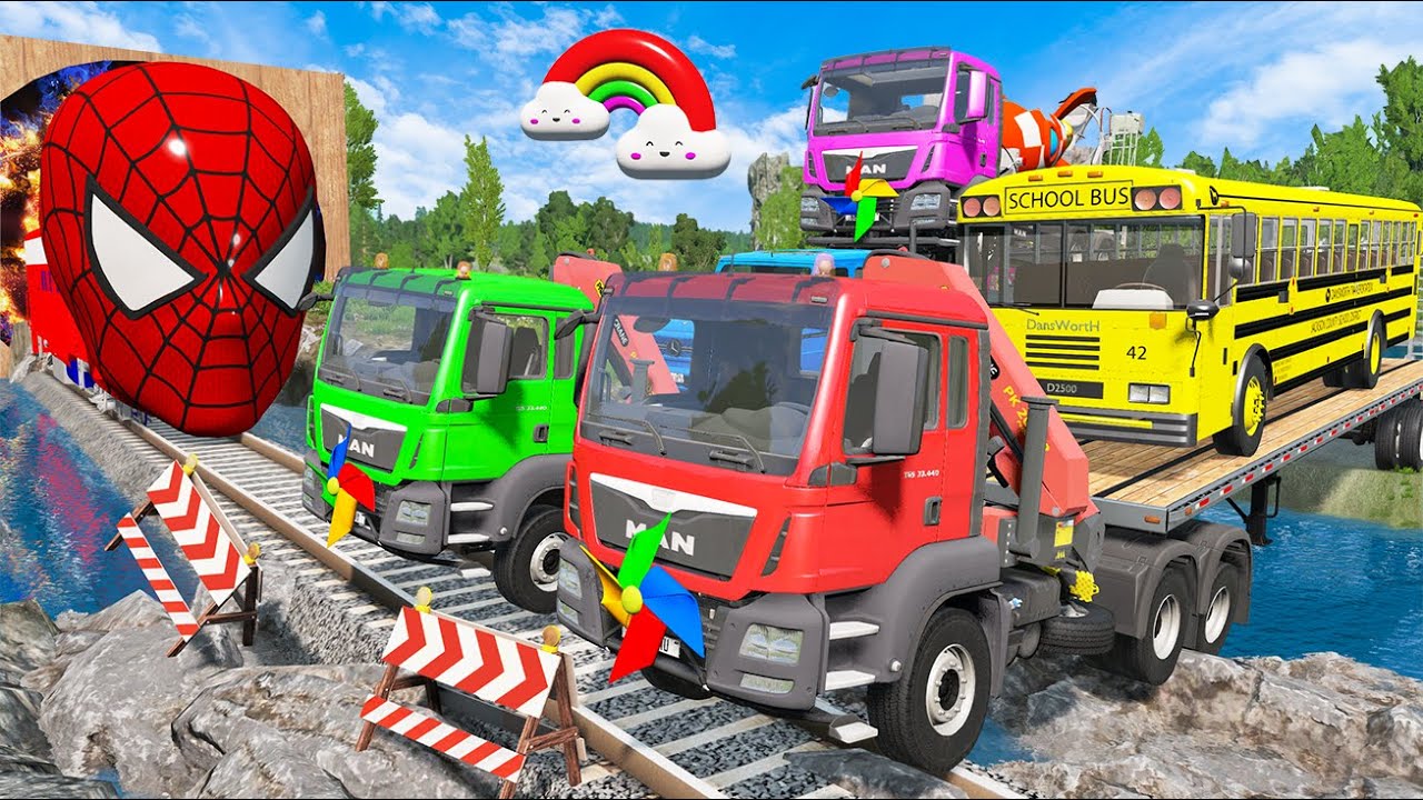 Double Flatbed  vs 5 Monster Trucks - Transporting Cars with Giant Color Slide | BeamNG Drive