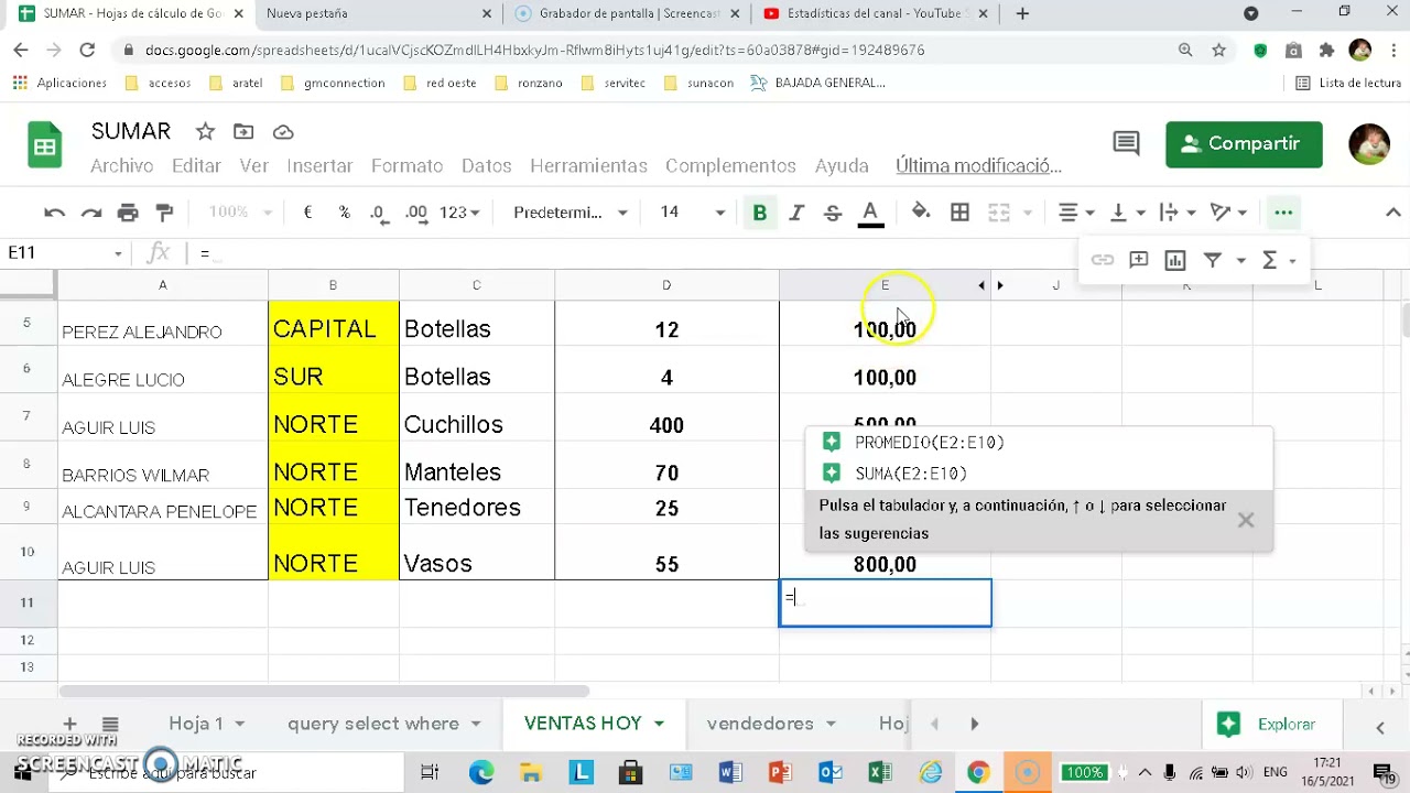 Como realizar una suma en la Hoja de calculo de Google utilizando la funcion SUMA - Google Sheets