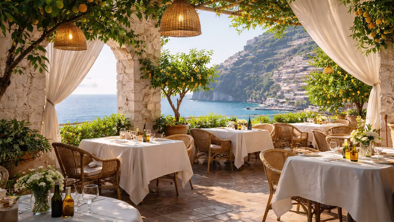 4K Mediterranean Cafe Background / Cozy Luxury Cafe Atmosphere / Summer Time Background