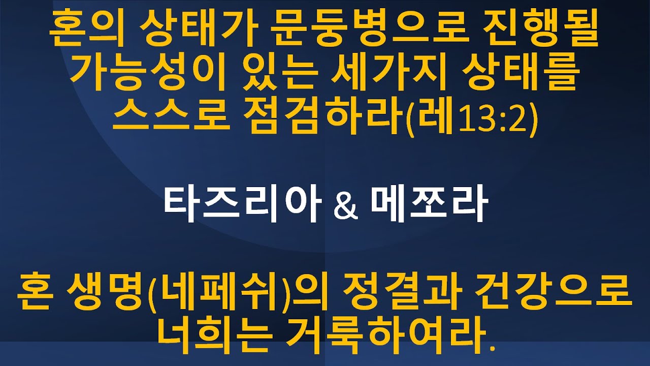 타즈리아 & 메쪼라 혼 생명(네페쉬)의 정결과 건강으로 거룩하라. 혼의 상태가 문둥병으로 진행될 가능성이 있는 세 가지 증상(레위기 13:2)