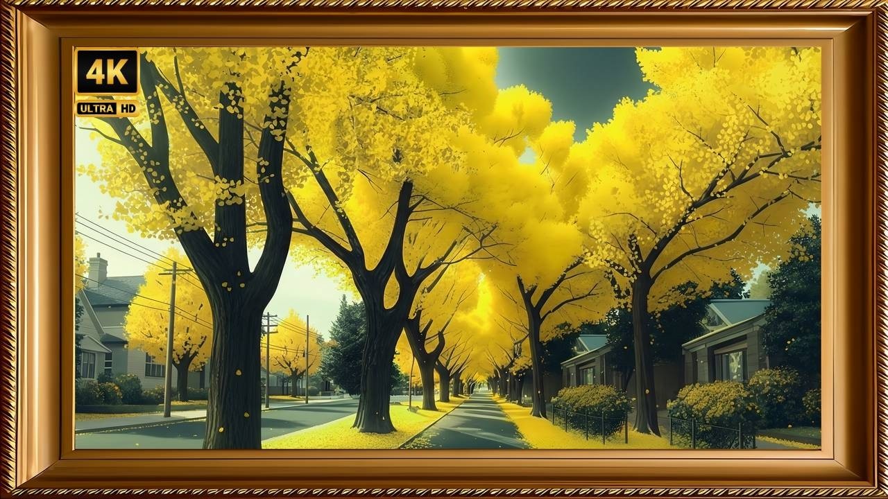 Golden Autumn Street 4K 🍂 Frame TV Art | Yellow Ginkgo Tree Tunnel