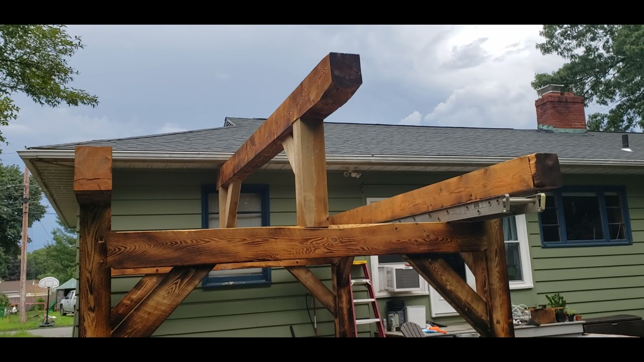 Timber frame pavilion ~ King posts, braces and ridge beam up !  Rafters next (when dry, that is..)